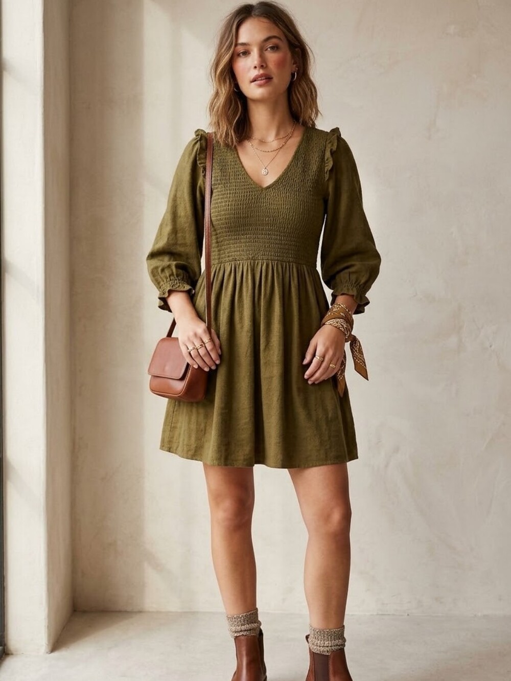 Madewell Women's Size XS Olive Green Lucie Flannel V-Neck Smocked Mini Dress